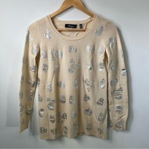 Saks Fifth Ave Cashmere Sweater XS Beige Skull Metallic Print Split Back
